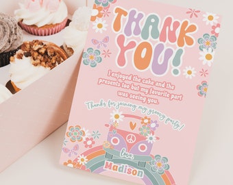 Editable Groovy One Thank You Card Hippie Party Daisy Birthday Thank You Note 70s TWO Groovy Party Digital Template Instant Download GR1