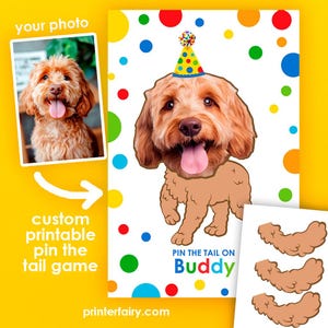 Jogo de prender o rabo personalizado para bebês de pele, decorações de aniversário para cães, aniversário de cores primárias, festa de adoção de animais de estimação, pôster para impressão