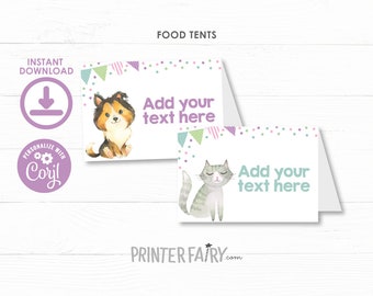 Puppies & Kitties Food Cards, Kitty Birthday Table Decorations, Dog Food Tents, Pet Adoption Party , Paw-ty Birthday, INSTANT DOWNLOAD