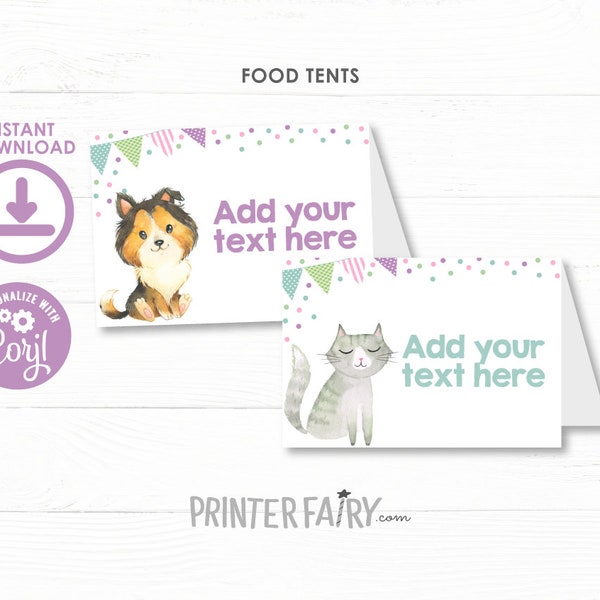 Puppies & Kitties Food Cards, Kitty Birthday Table Decorations, Dog Food Tents, Pet Adoption Party , Paw-ty Birthday, INSTANT DOWNLOAD