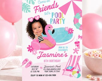 Pool Party Personalized Invitation with Photo for Girl Birthday (Instant Download)
