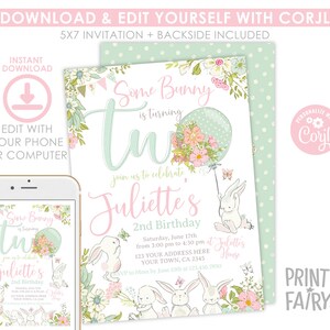 May include: A digital invitation for a second birthday party. The design features a bunny holding a balloon with flowers, the text "Some Bunny is turning Two", and event details. The invitation is 5x7 inches and includes a backside design.