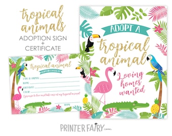 Adopt a Tropical Animal, Pet Adoption Party, Adoption Certificate, Luau Birthday Sign, Summer Party, Digital Printables, INSTANT DOWNLOAD