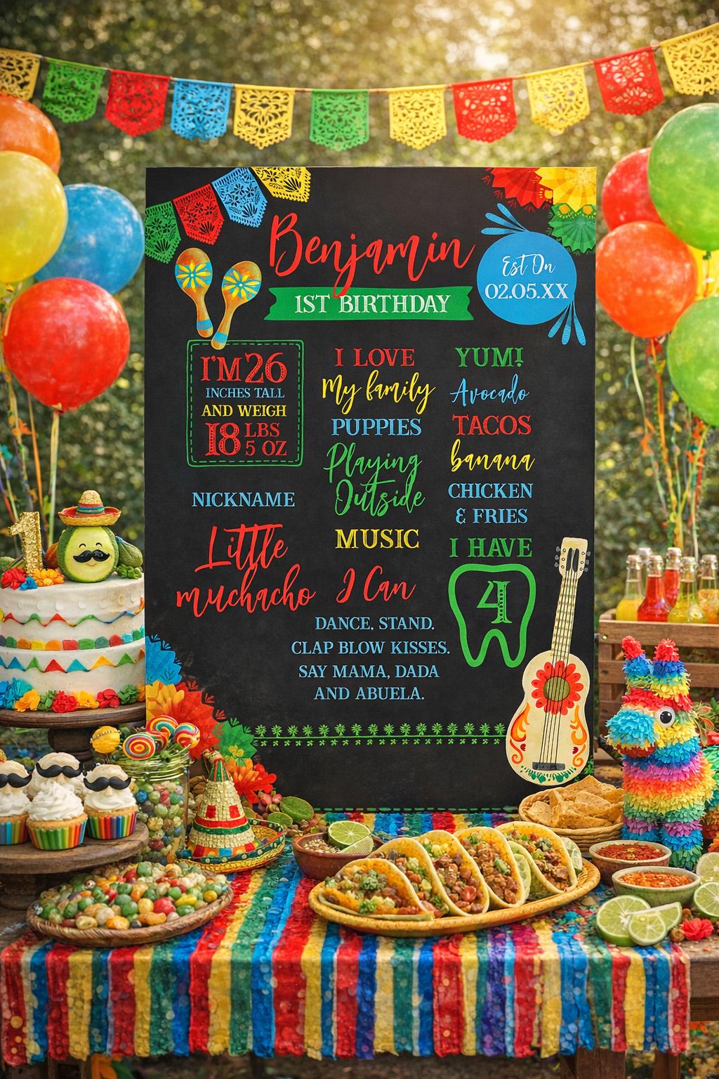 Fiesta First Birthday Milestones Board, Editable Mexican Party