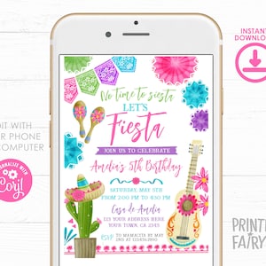 Fiesta Birthday Party Invitation, Editable Mexican Fiesta Invitation, Fiesta Decorations, Cinco de Mayo Birthday Time Two Siesta, Three-esta
