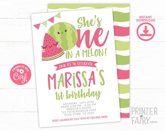 Watermelon First Birthday Invitation, EDITABLE One in a melon Invitation, Fruit Birthday Party, Summer Birthday Party, Instant Download
