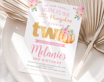 Little Pumpkin 2nd Birthday Invitation, EDITABLE, Little Pumpkin Birthday Party, Fall Invitation, Floral, EDIT YOURSELF, Instant Download