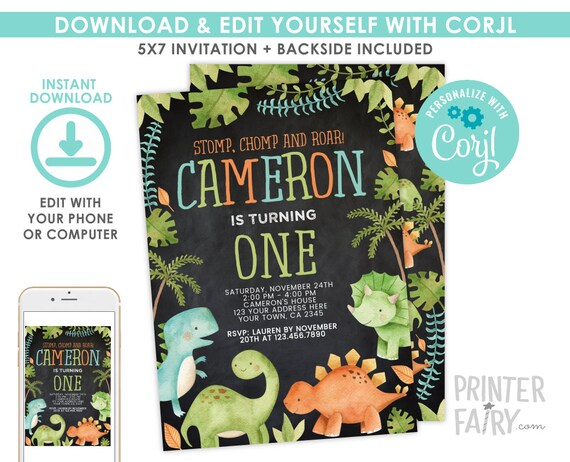 Dinosaur Invitation EDITABLE, Dinosaur Birthday Invitation, Dinosaur Birthday Party, Any age, EDIT YOURSELF Digital, Instant Download, Black Il_570xn