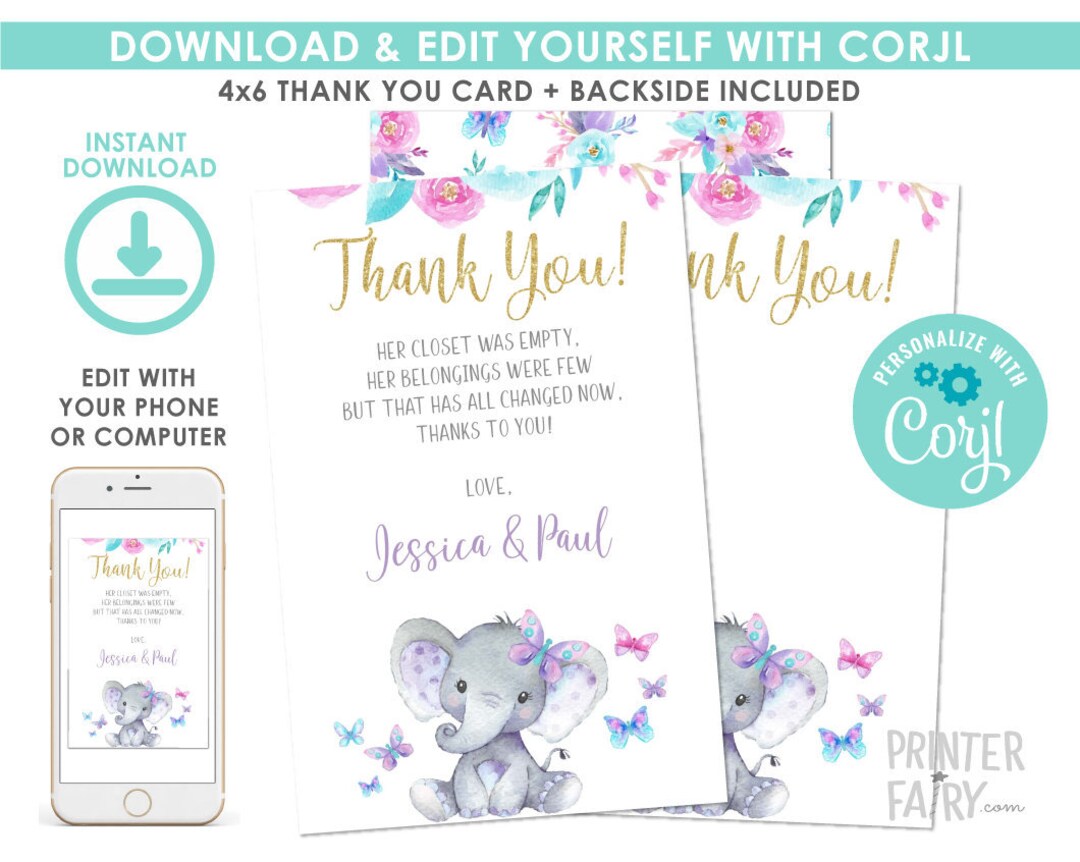 Elephant Thank You Cards, EDITABLE, Little Peanut Baby Shower, Elephant ...