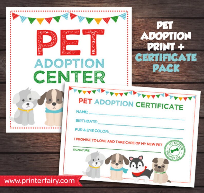 Puppy Birthday Party, Pet Adoption Party Prints, Pet adoption Certificate, Adopt a Pet sign, Digital files, Instant download image 1