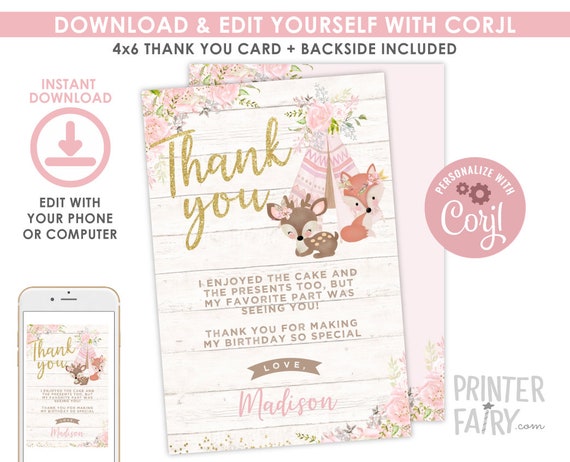 Wild One Girl Thank You Card, EDITABLE, Tribal Woodland Thank You Cards, Woodland Birthday, Boho, DIGITAL, Instant Download Il_570xn