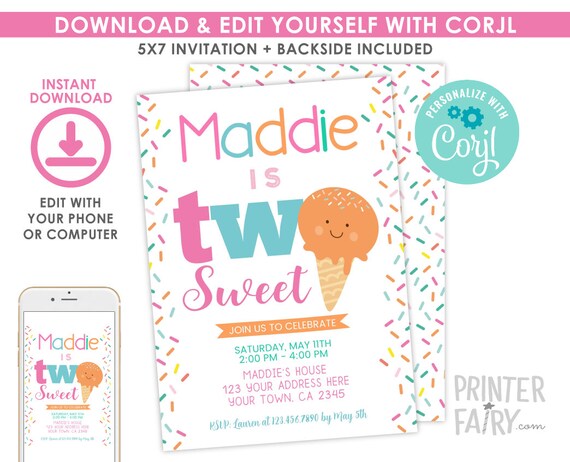 EDITABLE Ice Cream 2nd Birthday Invitation, Sprinkles Birthday Party, Ice Cream Party, 2ndBirthday, EDIT YOURSELF Digital Invite Il_570xn