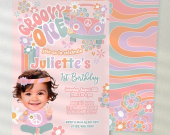 Editable Groovy One First Birthday Invitation Hippie Party Floral Pastel Colors Invite Daisy 70s Party Digital Template Instant Download GR1