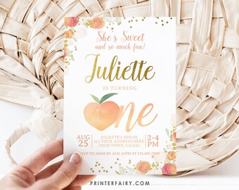 Peach First Birthday Invitation, EDITABLE, Sweet as a peach, Peach 1st Birthday, Floral Invitation, Girl Birthday Invite, INSTANT DOWNLOAD