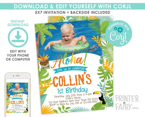 EDITABLE, Luau Birthday Invitation for Landscape Photos, Luau Invitation, Hawaiian Birthday Party, Pool Party Invitation, INSTANT DOWNLOAD Il_570xn