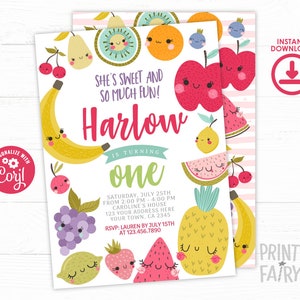 Invito di compleanno di frutta, modificabile, invito Tutti Frutti, festa di compleanno estiva, invito di compleanno di ananas, download istantaneo