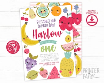 Fruit Birthday Invitation, Editable, Tutti Frutti Invitation, Summer Birthday Party, Pineapple Birthday Invitation, Instant Download