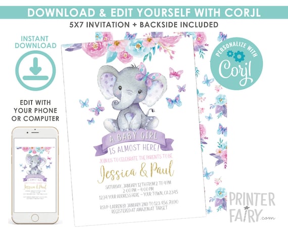 EDITABLE Elephant Baby Shower Invitation, Girl Baby Shower, Jungle Safari Baby Shower Invitation, Floral, EDIT YOURSELF Digital Invite Il_570xn