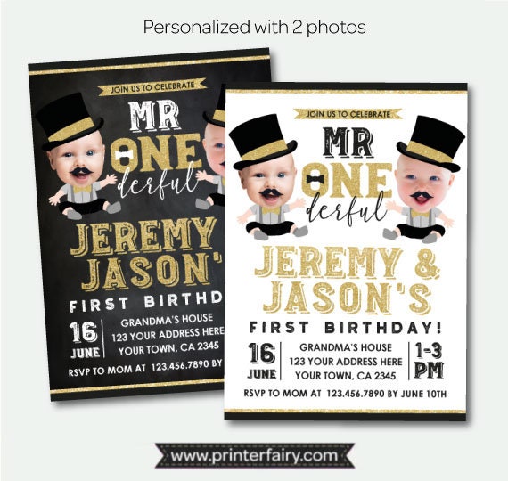 Mr Onederful Twins First Birthday Invitation with Photo, Boys 1st Birthday, Personalized Digital Invitations, 2 options Il_570xn