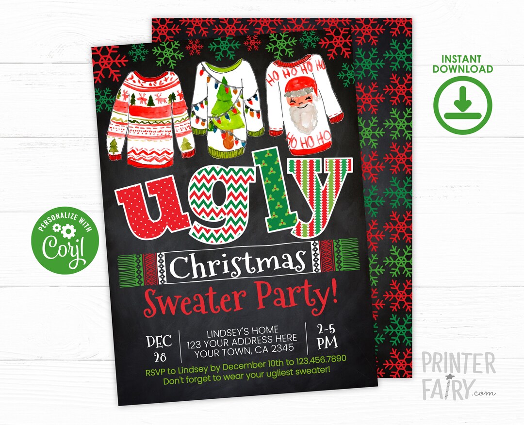 Ugly Sweater Christmas Party Invitation EDITABLE Christmas Etsy