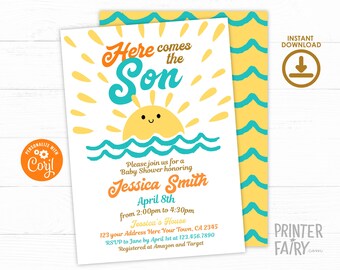 Here Comes the Sun Baby Shower Invitation, Editable Template, Baby Shower Boho Sunshine Party, Baby Shower Party Invite, Printable, Download