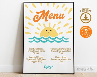 Here Comes The Sun Party Dinner Menu, Instant Download, Boho Sunshine Birthday Dinner Table Sign, Printable Template, Here Comes The Sun