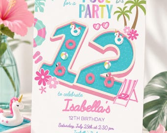 Pool Party Invitation, 12th Birthday Girl, Summer Splash Bash (Digital Download)