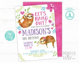 Może przedstawiać: Różowe i zielone zaproszenie na urodziny z akwarelowym wzorem leniwca. Zaproszenie zawiera napis "Let's Hang Out!" i "Madison's 3rd Birthday".