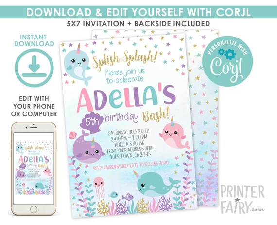 Narwhal Invitation, Mermaid Birthday Party, Under the Sea Invitation, Narwhal Birthday Party, Sea Unicorn, EDIT YOURSELF Digital Invitation Il_570xn