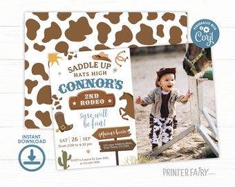 Rodeo Second Birthday Invitation with Photo, EDITABLE, Cowboy Birthday Party Invitation, Saddle Up and Gallop, Wild West Invite, Printable