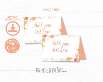 Peach Food Tents, EDITABLE, Sweet as a peach, Peach Birthday, Floral Birthday, Girl Birthday Invite, Peach Place Cards, INSTANT DOWNLOAD