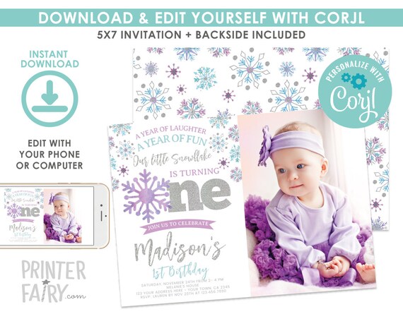 Snowflake Birthday Invitation with Photo, Winter Onederland Birthday Invitation, Little Snowflake Birthday, EDIT YOURSELF Digital Invite Il_570xn