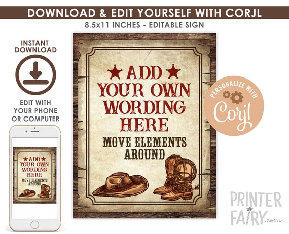 Western Birthday Party Sign, EDITABLE Sign, Cowboy Birthday, Wild West Party, Birthday Decorations, INSTANT DOWNLOAD Il_570xn
