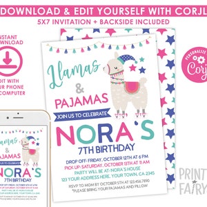 May include: A pink, blue, and teal printable invitation for a 7th birthday party. The invitation features a llama wearing a blue and white hat and a pink and teal saddle. The text on the invitation reads "Llamas & Pajamas Join us to celebrate Nora's 7th Birthday".