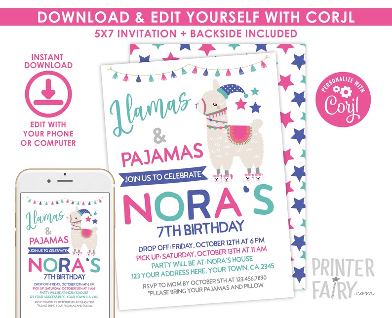 May include: A pink, blue, and teal printable invitation for a 7th birthday party. The invitation features a llama wearing a blue and white hat and a pink and teal saddle. The text on the invitation reads "Llamas & Pajamas Join us to celebrate Nora's 7th Birthday".