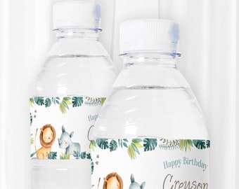 Jungle Animals Editable Water Bottle Labels, Wild One ,Safari Birthday Party Decorations