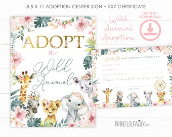 Wild Animal Adoption, Safari Birthday Party, Pet Adoption Party, Adoption Certificate, Printable Sign, DIGITAL, INSTANT DOWNLOAD