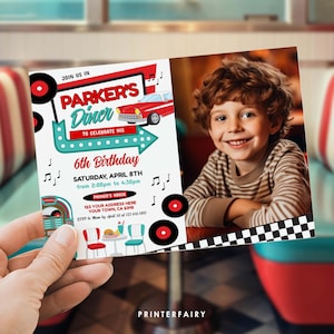 Diner Birthday Invitation with Photo, Editable, 1950&#39;s Party Invite, American Diner Retro Birthday Party Theme, Midcentury, Sock Hop Fifties