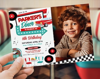 Diner Birthday Invitation with Photo, Editable, 1950's Party Invite, American Diner Retro Birthday Party Theme, Midcentury, Sock Hop Fifties