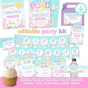 Kit MODifiable Pool Party, faire-part d'anniversaire, carte de remerciement, étiquettes de cadeau, plaque de bienvenue, lot imprimable fête d'été, TÉLÉCHARGEMENT IMMÉDIAT