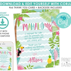 Luau Thank You Cards, EDITABLE, Hawaiian Birthday Party, Beach Birthday Party, Summer Party, Luau Thank You Notes, INSTANT DOWNLOAD