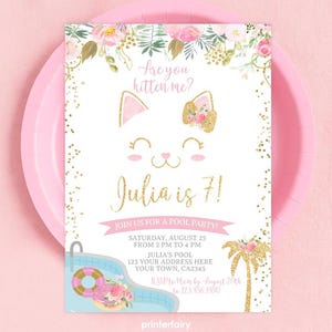 Floral Kitty Cat Pool Party Invitation - Editable Birthday Invite for Girls, Instant Download Cat Pawty Template, INSTANT DOWNLOAD