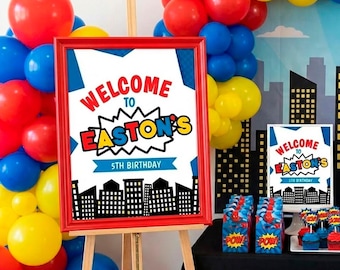Plantilla editable de cartel de bienvenida para fiesta de cumpleaños de superhéroes, descarga instantánea