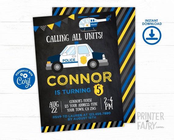 EDITABLE Police Birthday Invitation, Cops & Robbers Birthday Party, Police Car Invitation, EDIT YOURSELF with Corjl Il_570xn