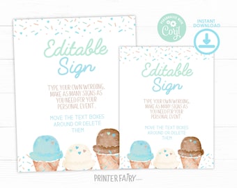 Ice Cream Baby Shower Editable Sign, Baby Sprinkle Sign, Ice Cream Cone Watercolor Invitation, Boy Baby Shower, Blue Ice Cream Baby Shower