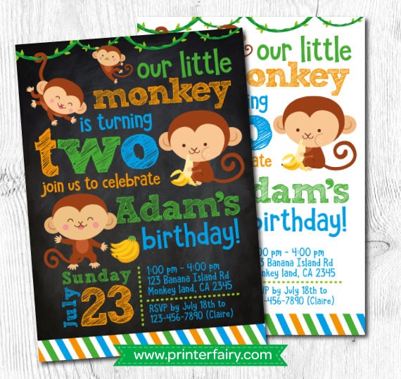Monkey Birthday Invitation, Monkey 1st Birthday Invitation, Monkey Birthday Party, Jungle Birthday Invitation, DIGITAL, 2 Options Il_570xn