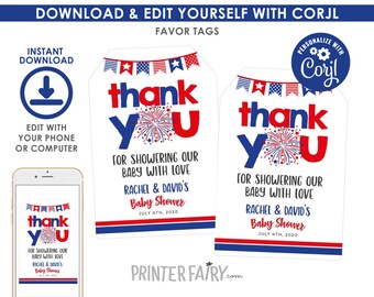 4th of July Favor Tags, Editable, Indepence Day Favor Tags, 4th of July Baby Shower, Firecracker Party, EDIT YOURSELF, Instant Download