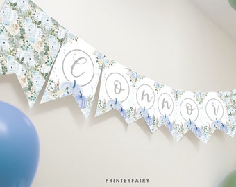 Editable Blue Pumpkin Bunting: Fall Birthday Garland, Little Pumpkin Party Decoration, Pumpkin Patch Banner Template with Corjl