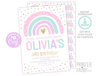 May include: A printable invitation for a 3rd birthday party. The invitation features a rainbow with a heart in the center and the text "Please join us to celebrate Olivia's 3rd Birthday". The background is a white with pink, green, and gold confetti.