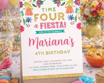 Floral Fiesta 4th Birthday Invitation, Cinco de Mayo (Digital Invite)